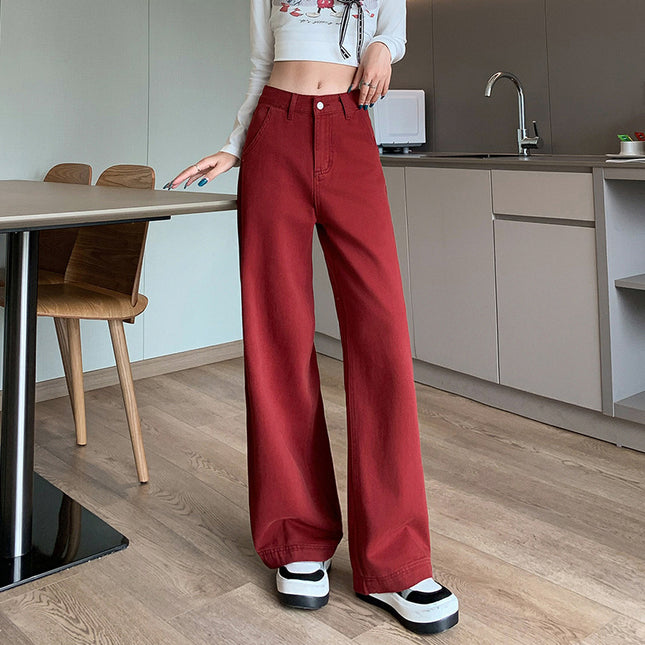 Ankola Red Wide Leg Jeans Women's 2024 Winter fleece-lined Loose Small wine red Retro Grandma Pants