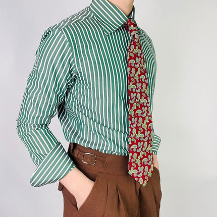 Green Striped Men's Long-Sleeve Shirt Business Pointed Collar High-Quality Vertical Stripe Curved Collar Versatile Slim-Fit Top