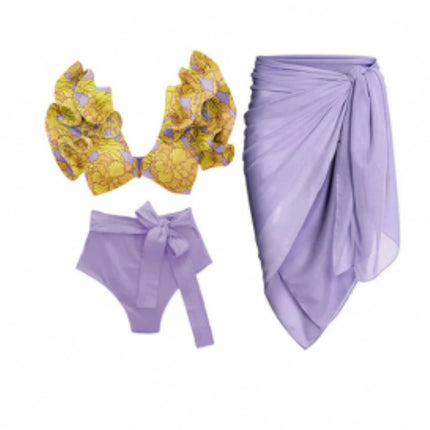 2023 New European and American French Retro Printed Swimsuit Women's Hot Spring Holiday Beach Dress Three-piece Bikini