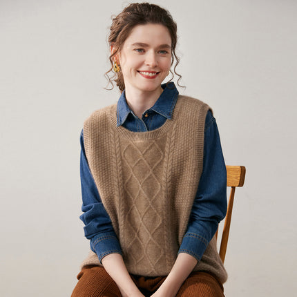 Autumn and Winter Cashmere Vest for Women, Round Neck, Thickened, Short Front and Long Back, Loose Fit, Sleeveless, Back Slit, Knitted Sweater