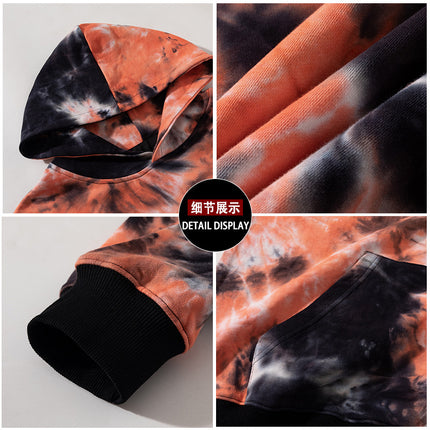 New Loose Hooded Sweat Spring and Autumn Fashionable Brand oversize Shoulder-drop Tie-dye Shorts Top Two-piece Set for Men
