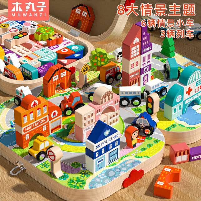 Cross-border Wooden Large Particle Building Blocks City Magnetic Small Train Assembled Toys suit Kindergarten Children's Toys