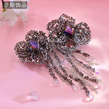 Ness NS68 Crystal Diamond Flower Tassel Hairpin Small Fashion Light Luxury Hair Accessories Gray High-end Simple Accessories