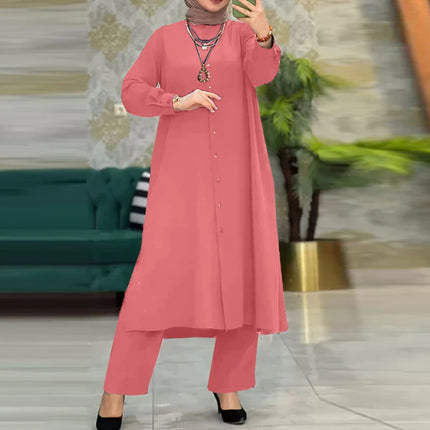 In Stock 2024 Southeast Asia Two-Piece Set for Women, Solid Color Spring and Autumn Long-Sleeve Cardigan Shirt and Long Pants Set