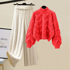 Red sweater + apricot wide-leg pants two-piece set / M recommendation 40-50kg