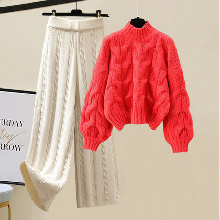 Winter suit Women's 2024 New Wearing Cotton Vest Thickened Sweater All-match Slimming Wide Leg Pants Three-piece Set