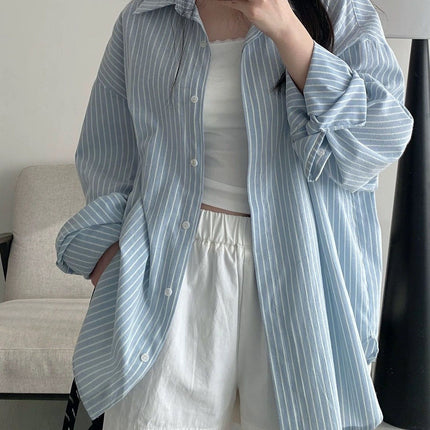 Polo Collar Light Blue Long-Sleeved Stripesd Shirt for Women Autumn and Summer Korean Chic New Style Loose Cardigan Top for Women