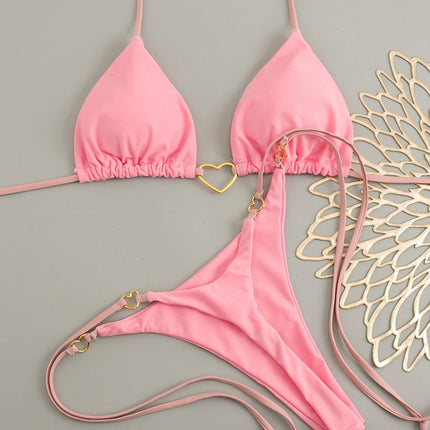 2025 New European and American Metal Decorative Halterneck Push-Up Bikini Brazilian Sexy Pure Color Split Swimsuit Bikini