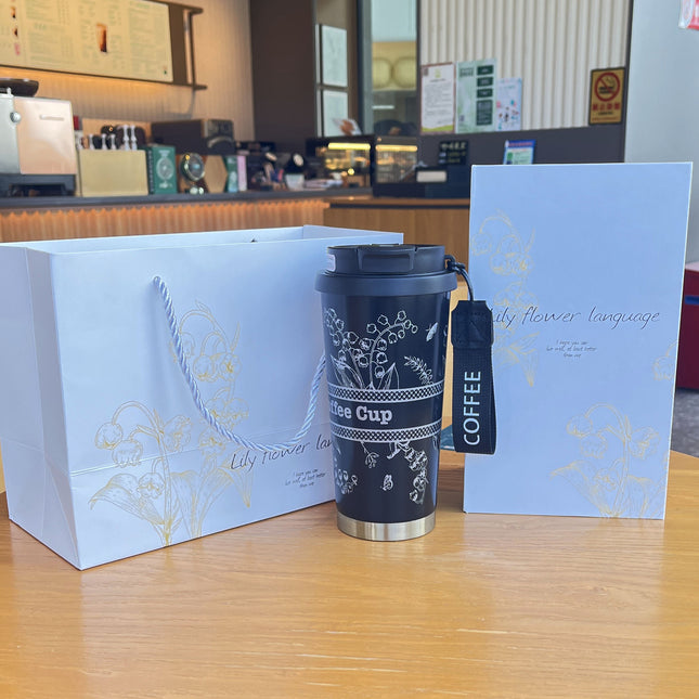 High Yan Value Lily Flower Coffee Thermos Cup Engraving to Send Teachers Accompanial Cup Business Gift with Gift Box Water Cup