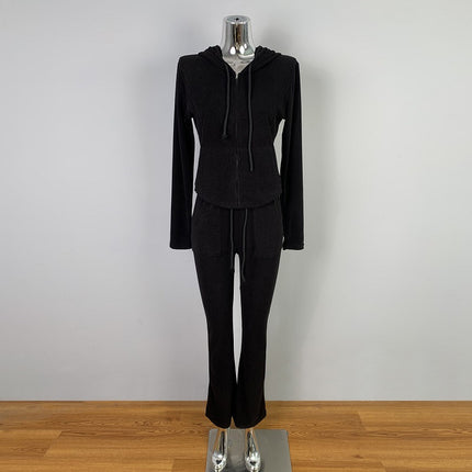 South Korea Dongdaemun Simple Slim-fit Sexy Figure Temperament Hooded Jacket Casual Pants Two-piece Suit for Women