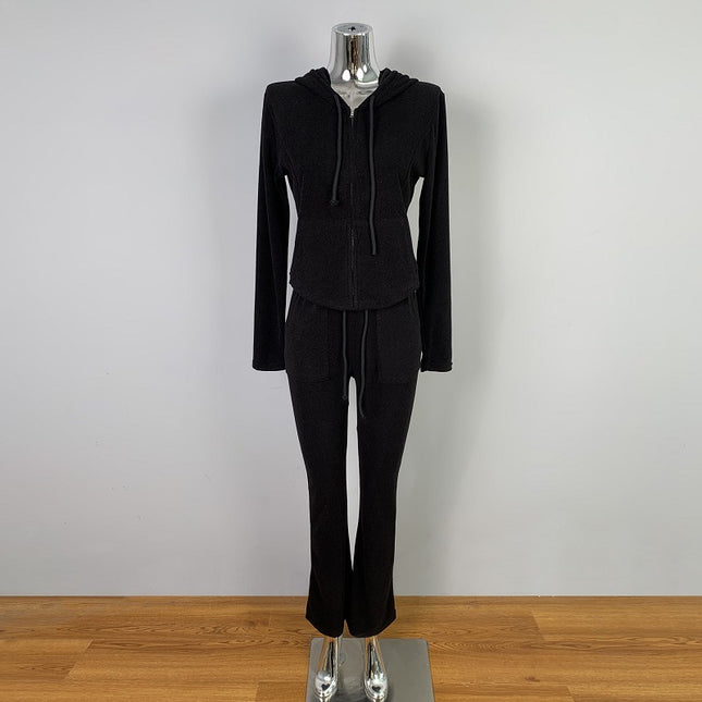 South Korea Dongdaemun Simple Slim-fit Sexy Figure Temperament Hooded Jacket Casual Pants Two-piece Suit for Women