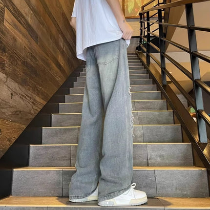 Vintage Distressed Ripped Jeans for Spring and Autumn, Loose Wide-Leg Floor-Length Straight Pants, Trendy Hot Item