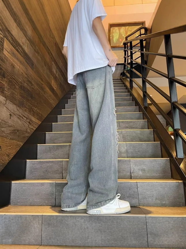 Vintage Distressed Ripped Jeans for Spring and Autumn, Loose Wide-Leg Floor-Length Straight Pants, Trendy Hot Item