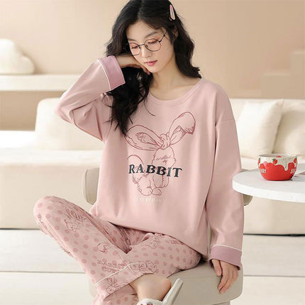Spring and Autumn Imitation Cotton Pajamas Women's Long-sleeved suit Summer Round Neck Less Women's Home Clothes Cute Cartoon Outer Wear