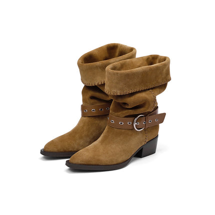 Zhong Chuxi's Same Style Retro Knight Short Boots, Pleated Stacked Boots, Genuine Leather Pointed Toe Short Boots, Women's Western Knight Boots