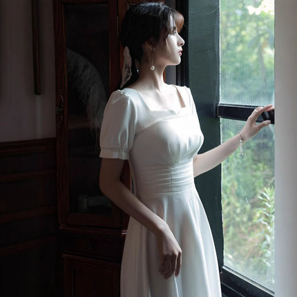 Registration Dress French Square Collar Dress White Dress Daily Wearing Engagement dress White Slim Dress