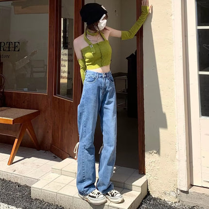 Korean style Denim wide-leg pants women's high waist small 2020 Summer new loose straight slimming mop pants