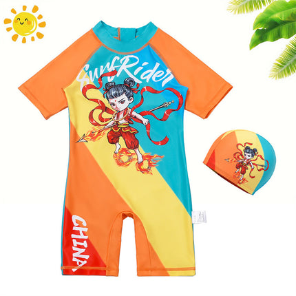 2025 Nezha Swimsuit Kidsren's Cartoon Swimsuit Swimming Cap Cute Boy Swimsuit Small and Medium-Sized Kidsren's One-Piece Swimsuit