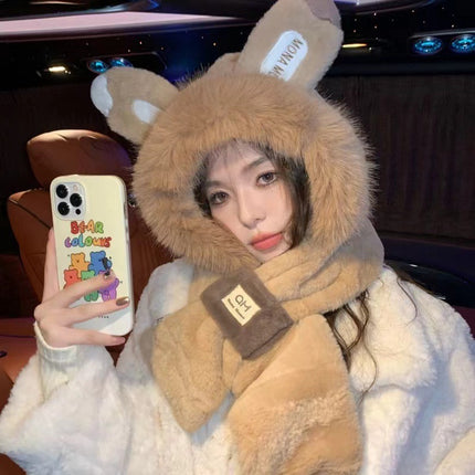 Rabbit Ears Hat Scarf All-In-One Hat for Women Winter Cute Plush Furry Animal Plus Scarf Two-Piece Hat