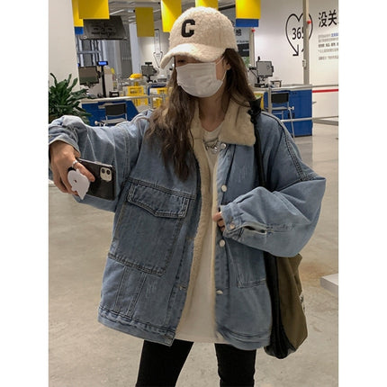 Women's Denim Jacket with Faux Rabbit Fur Lining, 2025 Winter New Korean Style, Loose Ins Street Fashion Cotton Coat Trendy Top
