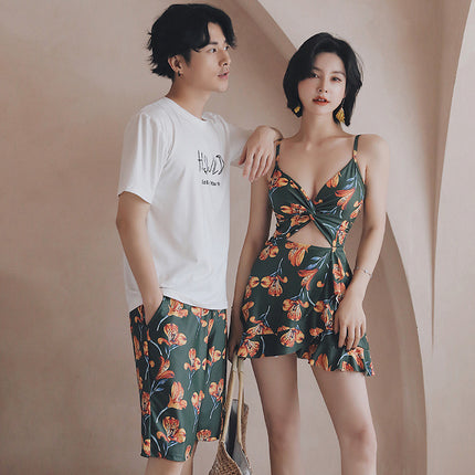 2025 Retro Green Couple Swimsuit New One-Piece Conservative Belly-Covering Slimming Look Seaside Vacation Beach Hot Spring Swimsuit for Women
