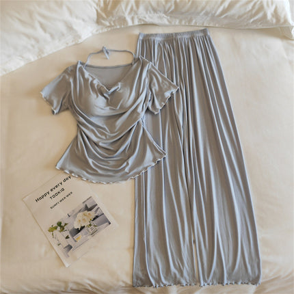 Girls' Pajamas Modal Cotton Short-Sleeved Shorts Summer Lace Women's Three-Piece Casual Home Wear Set with Breast Pads