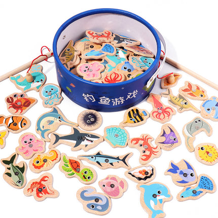 Magnetic Wooden Barrel Marine Fishing Toy Children's Early Education Educational Cognitive Fun Boys and Girls Parent-Child Games