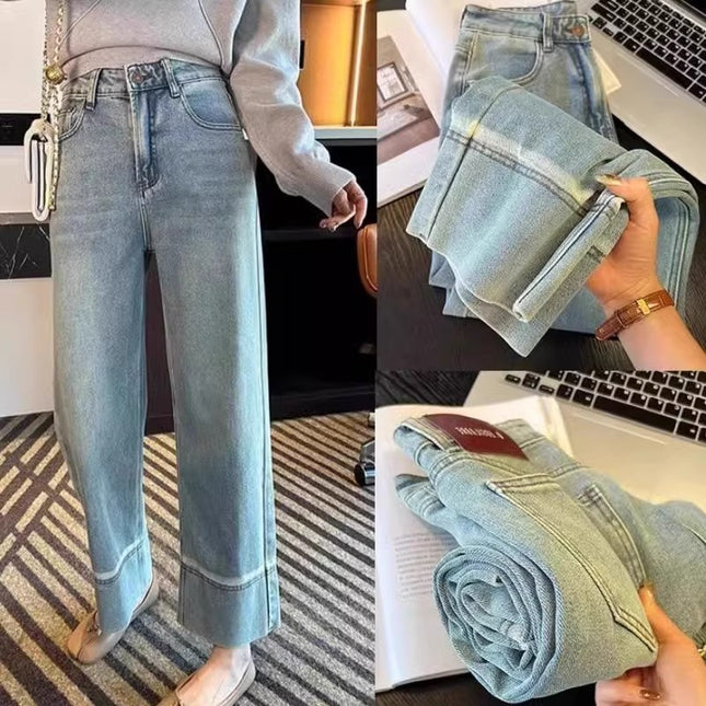 plus size Light Color Straight Jeans Women's Trendy All-match New Explosive High Waist Slimming Loose Cropped Wide Leg Pants