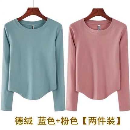 Autumn and Winter Thickened Short Irregular Long-Sleeve T-Shirt for Women, Brushed Slim-Fit Base Layer Top
