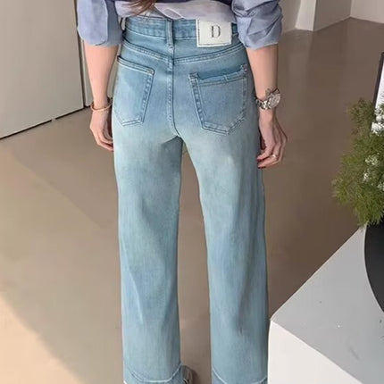 Lace-Trimmed Cropped Straight-Leg Pants Spring New Women's Plus-Size Pear-Shaped Figure Slimming High-Waisted Jeans