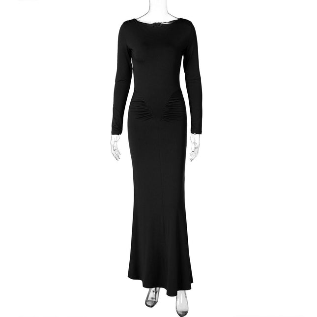Independent Station Cross-Border Hot Sale Autumn Women's Solid Color Long-Sleeved Round Neck Pleated Simple Sexy Dinner Hip-Hugging Dress