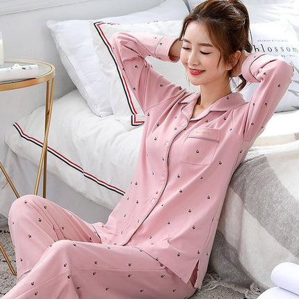 100% Pure Cotton Pajamas Women's Spring and Autumn Long Sleeve Large Size Cardigan Set for Middle-aged and Elderly Women Home Clothes