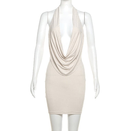 European and American Cross-Border Popular Short Skirt Solid Color Halter Neck Swing Collar Rhinestone Backless Royal Sister Sexy Elegant Slim Dress for Women