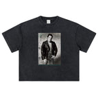 Washed black boxy short and wide short sleeves / S