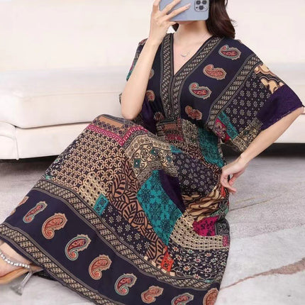 Cross-border ethnic style V-neck cotton silk short-sleeved beach skirt Thailand travel dress summer printed holiday floral skirt