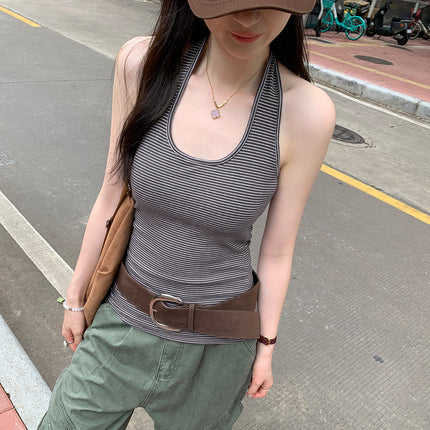 Sexy Hot Girl Striped Halter U-Neck Tie Chest Pad Vest Women's Summer New Slim Fit Versatile Base Top