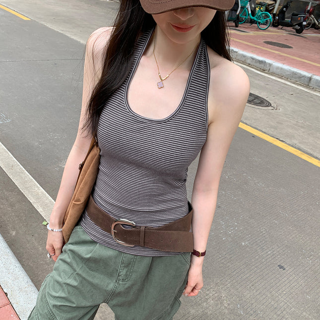 Sexy Hot Girl Striped Halter U-Neck Tie Chest Pad Vest Women's Summer New Slim Fit Versatile Base Top