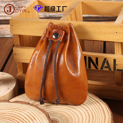 New Style Cowhide Niche Vintage Small Coin Purse Coin Headset Storage Bag Leather Drawstring Mini Small Wallet Trendy