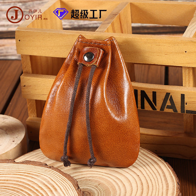 New Style Cowhide Niche Vintage Small Coin Purse Coin Headset Storage Bag Leather Drawstring Mini Small Wallet Trendy