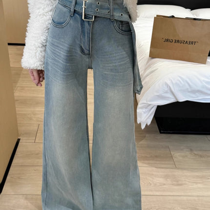Spring 2025 New Arrival High Waist Fashionable Stretch Wide Leg Jeans Women's Retro Loose Slim-fit No-leg Mop Pants