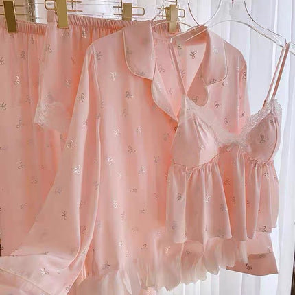 Spring and Summer New Pure Desire Wind Bow Ice Silk Pajamas Women's Four-piece Sling Shorts Sexy Sling Home Clothes