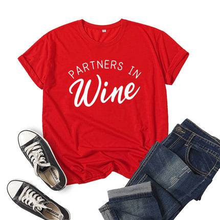 Foreign Trade Cross-border PARTNERS IN WINE Printed Short-sleeved Crewneck T-shirt European and American Men's and Women's Top Loose Casual