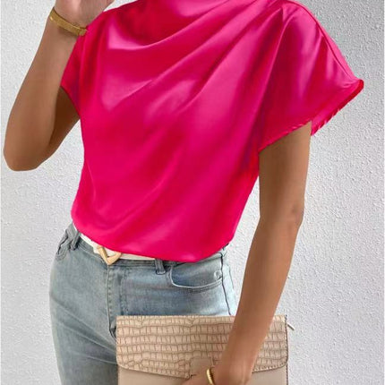 2026 Cross-Border Hot-Selling New Product Round Neck Short-Sleeve Left Shoulder Ruched T-Shirt Satin Women's Top Wholesale in Stock