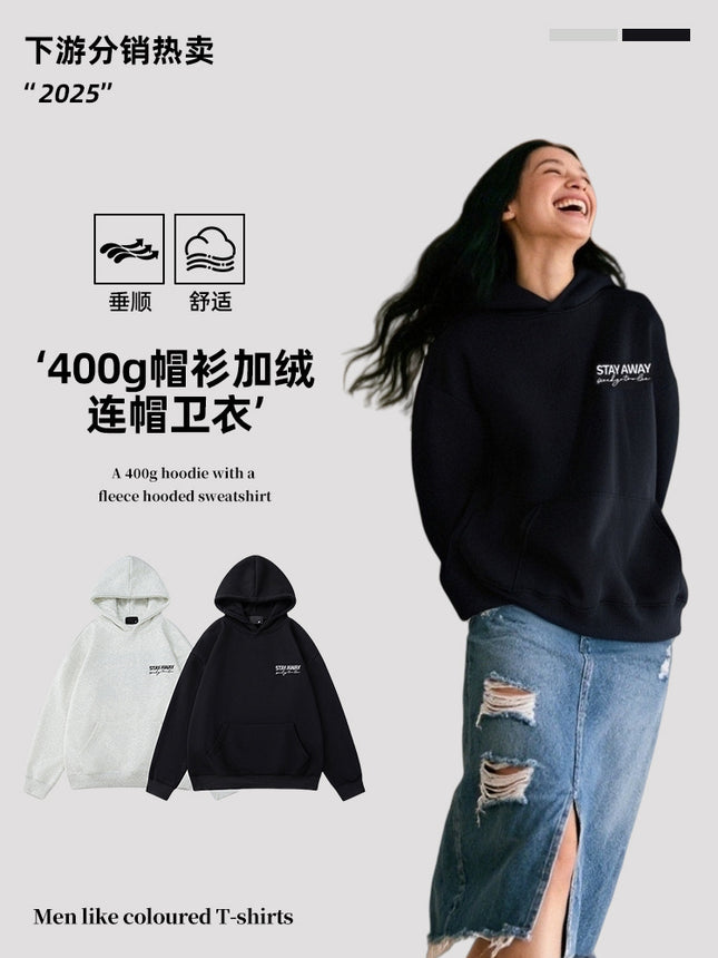Amazon Heavyweight 400g Gray Sweatshirt Men's Cleanfit Hoodie Fleece-Lined Couple Hooded Sweatshirt Men's Winter