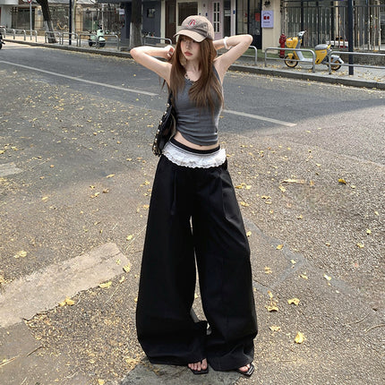 Black Design Lace Splicing Casual Pants for Women 2025 Summer New High-Waisted Loose Wide-Leg Suit Pants