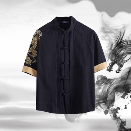 Chinese Ethnic Style Summer Fat Guy Men's Short-sleeved T-shirt with stand collar Cardigan T-shirt Half-sleeved Tang suit Plus Large Size