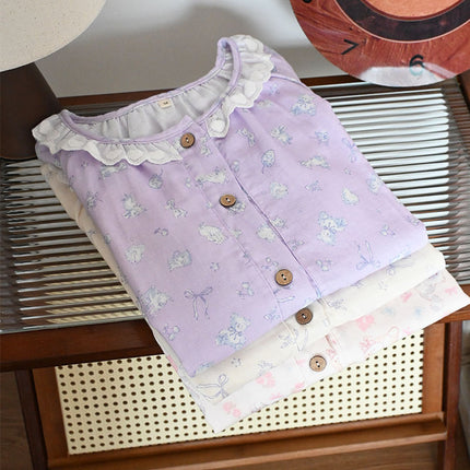 Summer Cotton Short-sleeved Shorts Double-layer Yarn Crewneck Lic Collar Women's Pajamas Home Wear Soft and Sweet Outer Wear