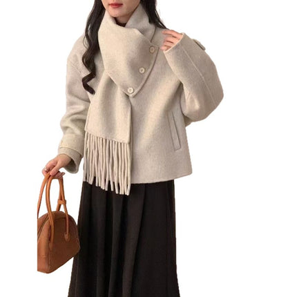 2024 New Tassel Scarf Collar Removable Two-Wearing Double-Sided Wool Coat Small Loose Wool Jacket
