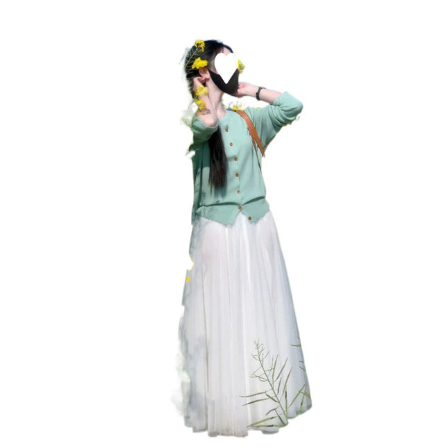 2025 new super hot spring dress with a set of ootd wear green sweater two-piece dress for women