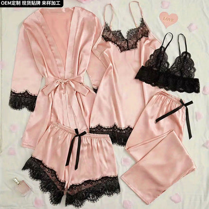 2024 New Sexy Pajamas Women's Spring and Summer Five-Piece Silk Black Lace Slip Skirt Long-Sleeved Nightgown Home Clothes